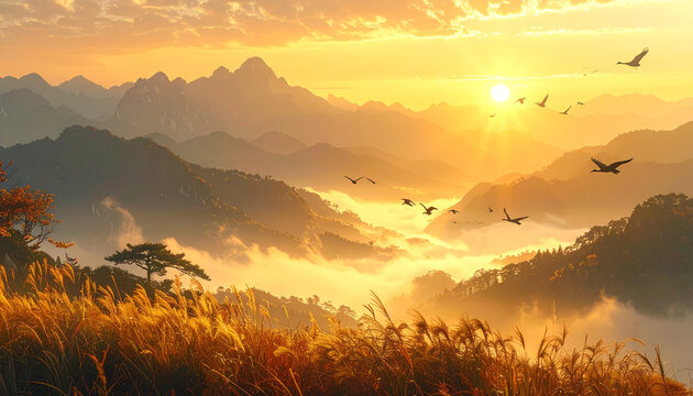 Majestic mountains at golden sunrise