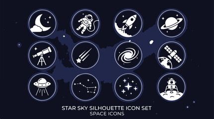 Space icons set with moon, astronaut, rocket, planets and telescope in cosmic style © Mim Art