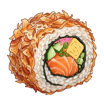 Japanese sushi maki roll with salmon and tamago topped with katsuobushi bonito flakes isolated on white background