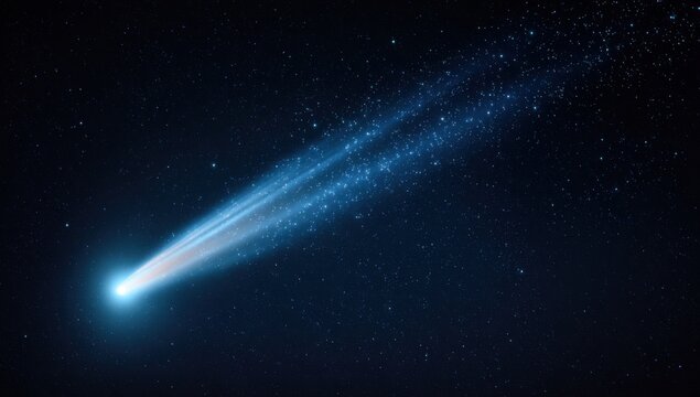 A Bright Blue Comet Streaks Across the Dark Starry Night Sky.