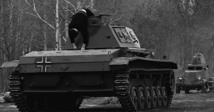 Historical Re-enactment Black And White Video. After Battle. Re-enactor