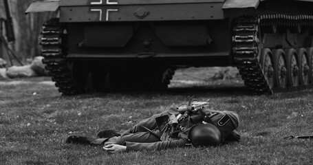 Fototapeta premium Historical Re-enactment Black And White Video. Close Up View On Re-enactor