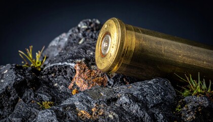 Naklejka premium Solid brass bullet casing primer resting on jagged black volcanic rock with moss, a macro widescreen studio shot capturing sharp metallic textures and natural earth elements in high detail.