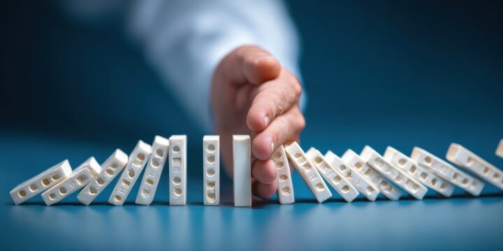 Hand stopping dominoes from falling, symbolizing risk management and crisis prevention.