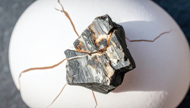 Jagged basalt stone resting on a fragile white eggshell surface causing stress cracks, cinematic widescreen composition capturing the contrast between heavy geological strength and delicate fragility.