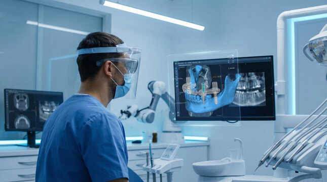 Male Dentist Using High-Tech 3D Digital Dental Implant Imaging