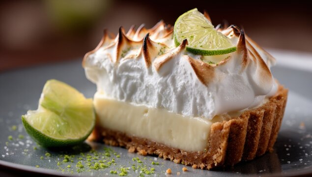 Delicious Slice of Key Lime Pie with Meringue and Lime Garnish.