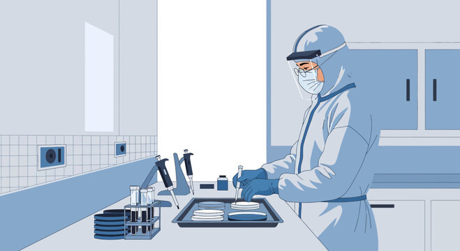 Scientist in hazmat suit performing lab tests with pipettes and samples in sterile laboratory