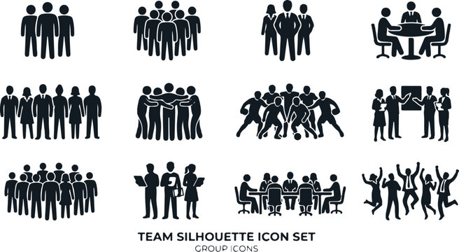 Set of diverse teamwork and collaboration business icons with people silhouettes