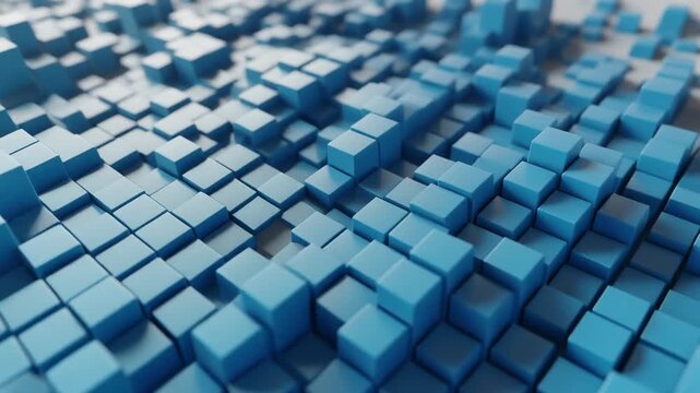 A dynamic field of blue 3D cubes forming an abstract digital landscape, symbolizing data architecture, structure, and modern technology with depth, light, and precision.