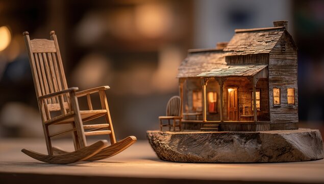 Cozy Miniature Log Cabin and Rocking Chair Display.