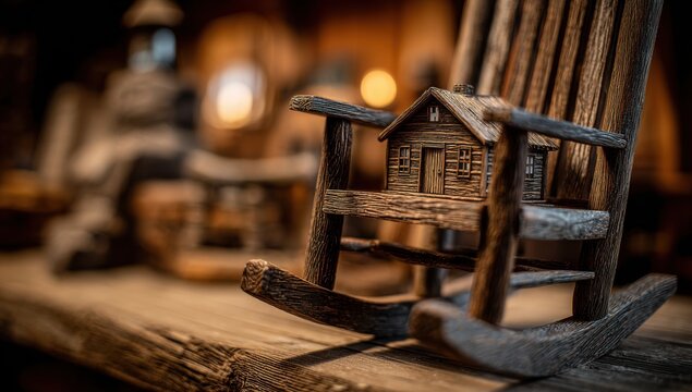 Miniature Rustic Log Cabin Rocking Chair on Wooden Surface.