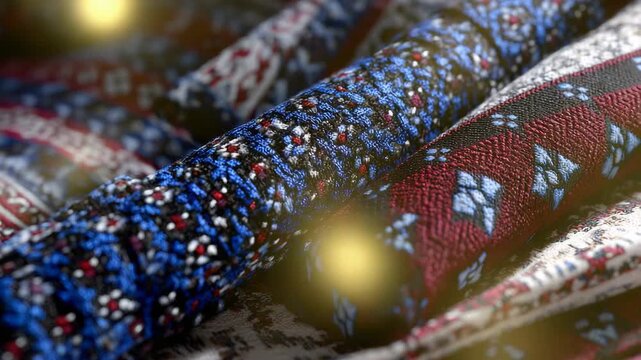 Traditional patterned fabrics with floating golden lights