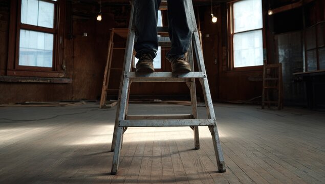 Person standing on a ladder in an empty room.