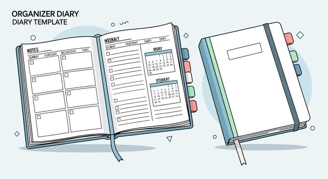 Open Organizer Diary Template and Closed Notebook.