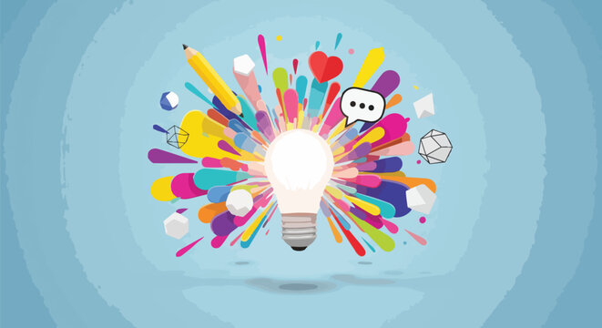 Vibrant colorful exploding lightbulb with a dynamic splash of diverse icons and abstract shapes, concept for brainstorming sessions, innovative solutions and creative marketing campaigns