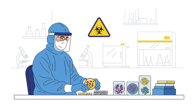 Scientist in Hazmat Suit Analyzing Virus Sample in Biohazard Laboratory