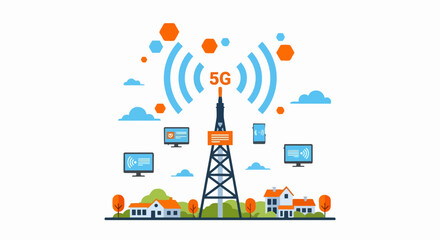 Naklejka premium 5G Network Technology Illustration with Telecommunication Tower and Connected Devices in a Smart City Landscape