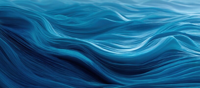 Abstract flowing blue waves with light reflections, digital art background.