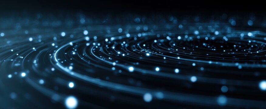 Abstract swirling blue light trails and glowing particles in a digital network visualization.