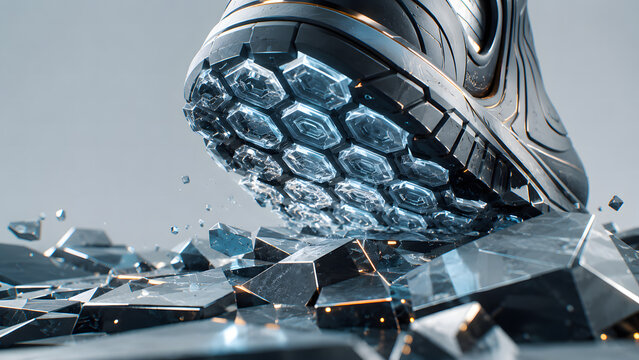 Futuristic shoe sole crushing sharp crystal glass surface. heavy duty boot treading on metallic fragments. perfect for safety grip, durable footwear tech, and power concepts.