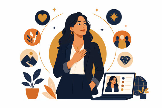 Person building personal brand with authentic self-expression and professional presence, personal branding and value proposition concept, flat illustration
