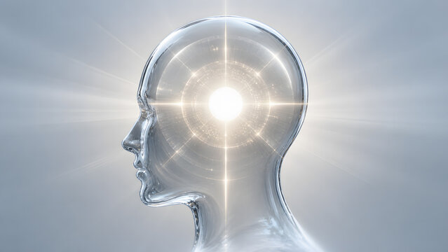 Consciousness glass head silhouette featuring a transparent human profile with a bright glowing energy light burst inside the brain representing intellect and mindfulness.