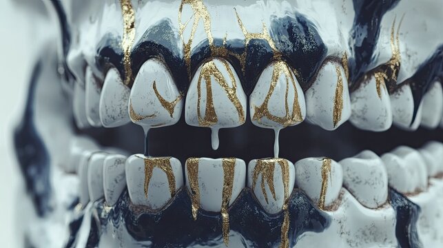 Close-up of a stylized skull, teeth dripping with gold and dark paint