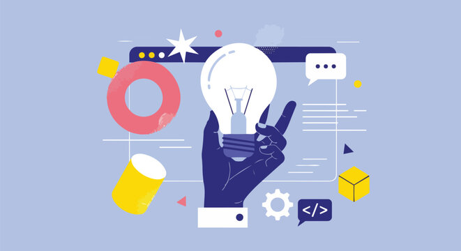 Creative hand holding glowing lightbulb with abstract shapes and code icon, suitable for innovation, technology and startup promotion.