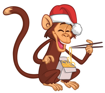 Cartoon funny hungry monkey eating fast food hot noodles or ramen from meal box with chopsticks and wears Santa Hat for Christmas
