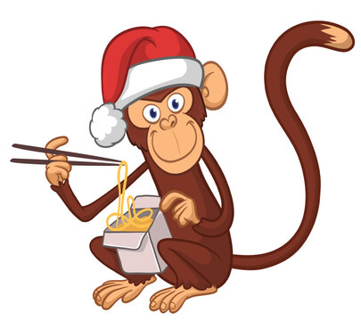 Cartoon funny hungry monkey eating fast food hot noodles or ramen from meal box with chopsticks and wears Santa Hat for Christmas