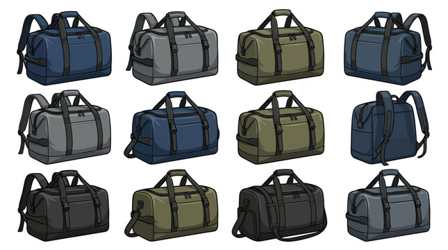 Collection of travel duffel bags featuring various colors and multiple carrying strap configurations
