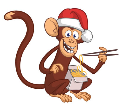 Cartoon funny hungry monkey eating fast food hot noodles or ramen from meal box with chopsticks and wears Santa Hat for Christmas