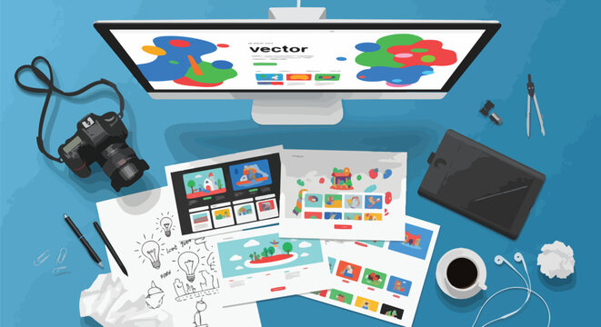 Designer's desk with computer, camera, and various creative projects, ideal for web design, digital art and graphic design.