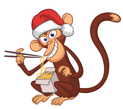 Cartoon funny hungry monkey eating fast food hot noodles or ramen from meal box with chopsticks and wears Santa Hat for Christmas