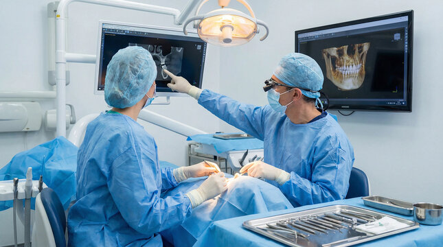 Dentists performing oral surgery while examining digital X-ray scans
