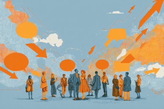 Diverse group of people communicating with speech bubbles and arrows.