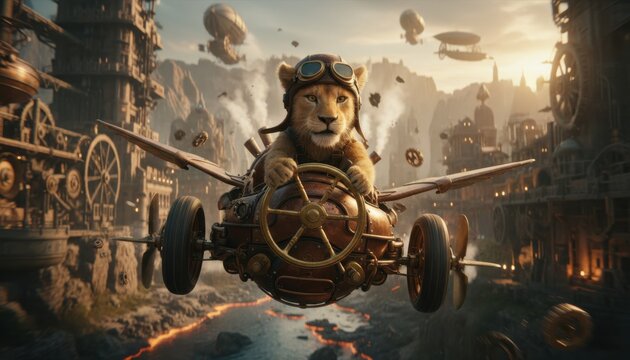 Cinematic steampunk lion cub navigating a thrilling adventure in a vibrant cityscape