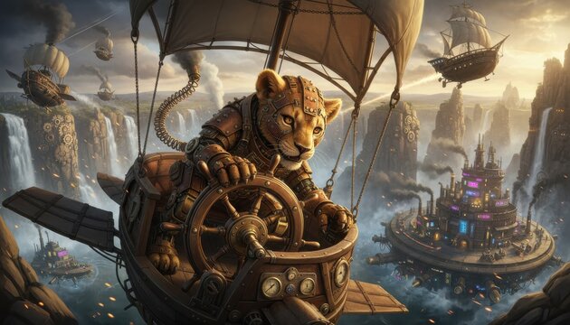 Cinematic steampunk lion cub navigating a thrilling adventure in a vibrant cityscape