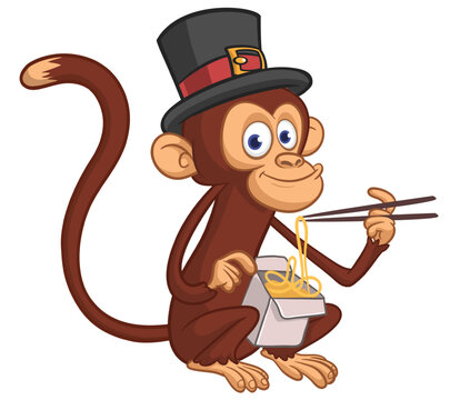 Cartoon funny hungry monkey eating fast food hot noodles or ramen from meal box with chopsticks wears top hat