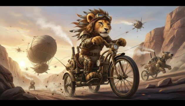 Cinematic steampunk lion cub navigating a thrilling adventure in a vibrant cityscape