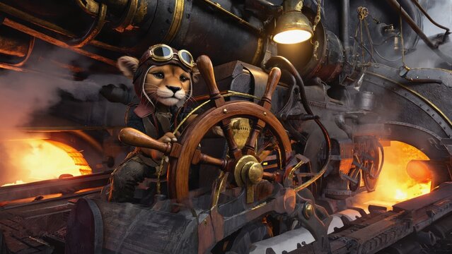 Cinematic steampunk lion cub navigating a thrilling adventure in a vibrant cityscape