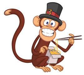 Naklejka premium Cartoon funny hungry monkey eating fast food hot noodles or ramen from meal box with chopsticks wears top hat