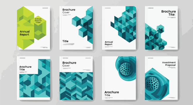 Geometric abstract 3D cubes and patterns in shades of green and teal, concept for business reports, marketing materials and corporate branding design