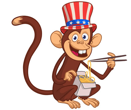 Cartoon funny hungry monkey eating fast food hot noodles or ramen from meal box with chopsticks wears Uncle Sam hat. USA independence day