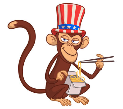 Cartoon funny hungry monkey eating fast food hot noodles or ramen from meal box with chopsticks wears Uncle Sam hat. USA independence day