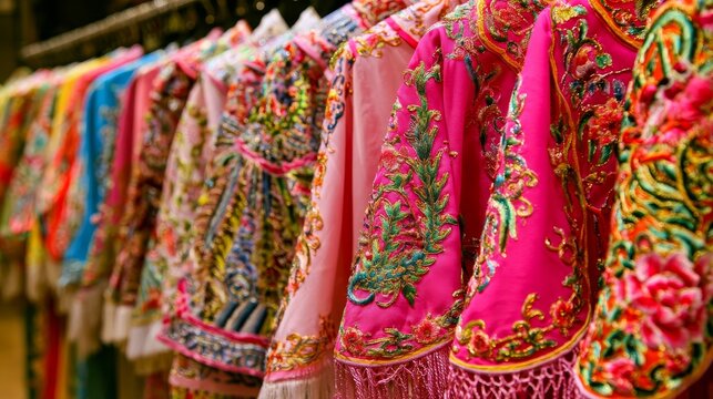 Vibrant embroidered traditional Chinese opera costumes hanging on rack, detailed cultural textile garments with ornate patterns, theatrical heritage fashion and colorful stage apparel