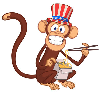 Cartoon funny hungry monkey eating fast food hot noodles or ramen from meal box with chopsticks wears Uncle Sam hat. USA independence day