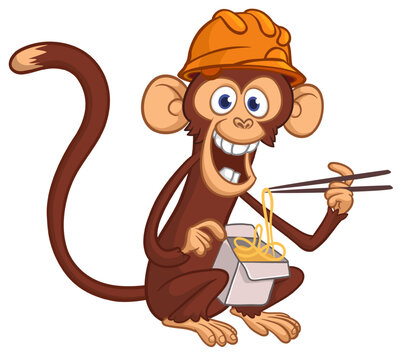 Cartoon funny hungry monkey eating fast food hot noodles or ramen from meal box with chopsticks. Monkey wearing safety helmet
