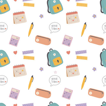 School supplies pattern with backpack, books, ruler, calculator and stationery. Seamless vector background for school and education.